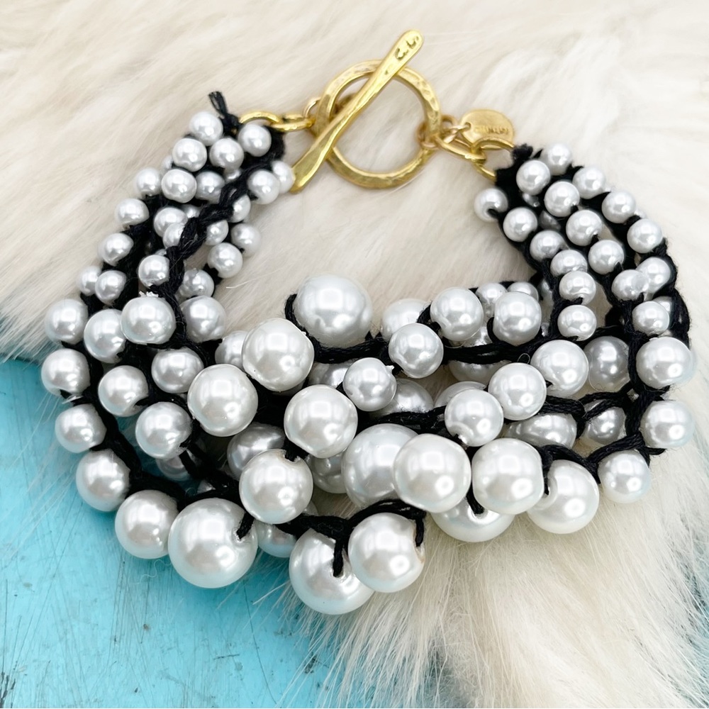 Chan Luu Bracelet White Pearl Layered Black Cord Statement Gold Toggle